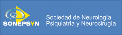 Logo de la Sociedad de Neurología, Psiquiatría y Neurocirugía, que contiene el dibujo de un cerebro y una flecha amarilla. 