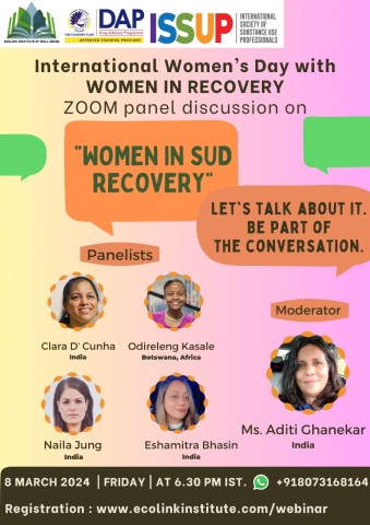 Berkumpul untuk Diskusi Panel Zoom untuk merayakan Hari Perempuan Internasional, dengan fokus pada "Women in SUD Recovery" dengan Women in Recovery.