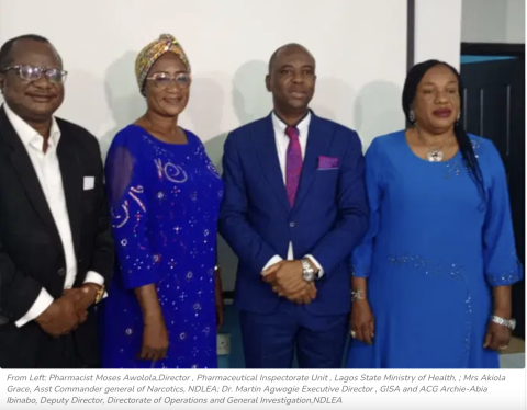 From Left: Pharmacist Moses Awolola,Director , Pharmaceutical Inspectorate Unit , Lagos State Ministry of Health, ; Mrs Akiola Grace, Asst Commander general of Narcotics, NDLEA; Dr. Martin Agwogie Executive Director , GISA and ACG Archie-Abia Ibinabo, Deputy Director, Directorate of Operations and General Investigation,NDLEA.