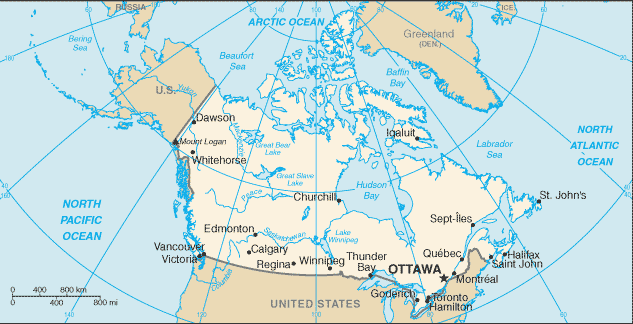 Political map of Canada Country Profile showing major cities.